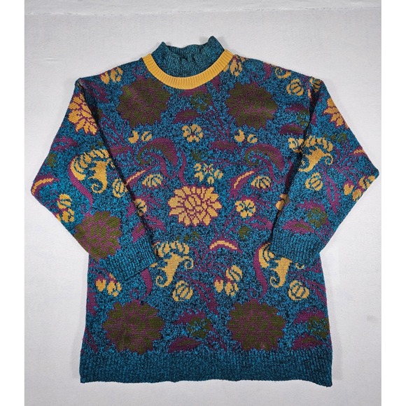 Elsa Phillips Sweaters - Vintage Elsa Phillips Teal Floral Paisley Mock Neck Knit Sweater Made in USA 402